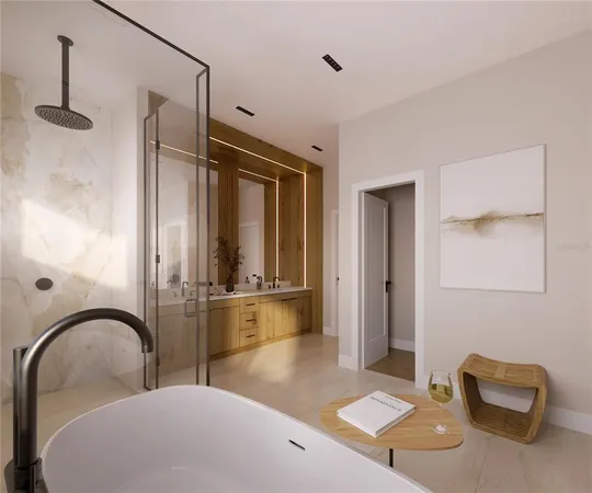 a bathroom with a tub and a shower