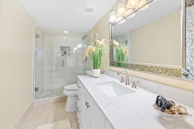 a bathroom with a sink a toilet and shower