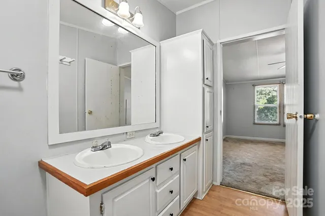 a bathroom with a sink a mirror and a shower