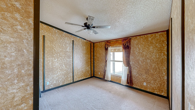718 South State Street Genola, UT 84655 - Photo 17 of 19 Carpeted interior space featuring a ceiling fan, a window, and textured wall finishes with dark trim
