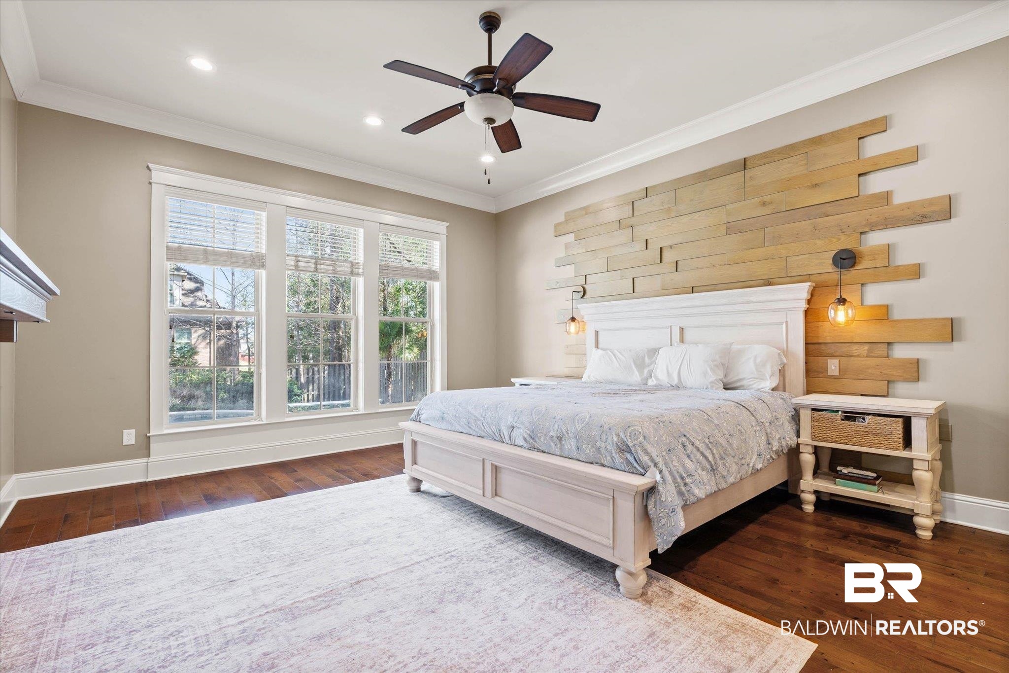 7676 Rockstone Lane Mobile, AL 36695 - Photo 15 of 47 Bedroom featuring crown molding, dark wood finished floors, and ceiling fan