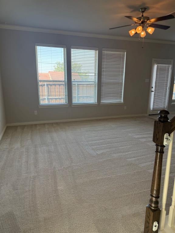 4119 Nia Drive Irving, TX 75038 - Photo 4 of 15 Unfurnished living room featuring ornamental molding, a ceiling fan, and light carpet