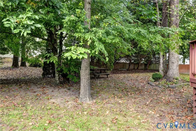 a backyard of a house with lots of plants and large tree