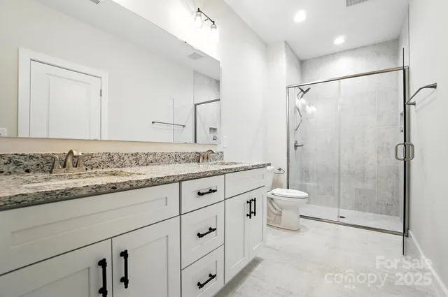 a bathroom with a shower and a toilet