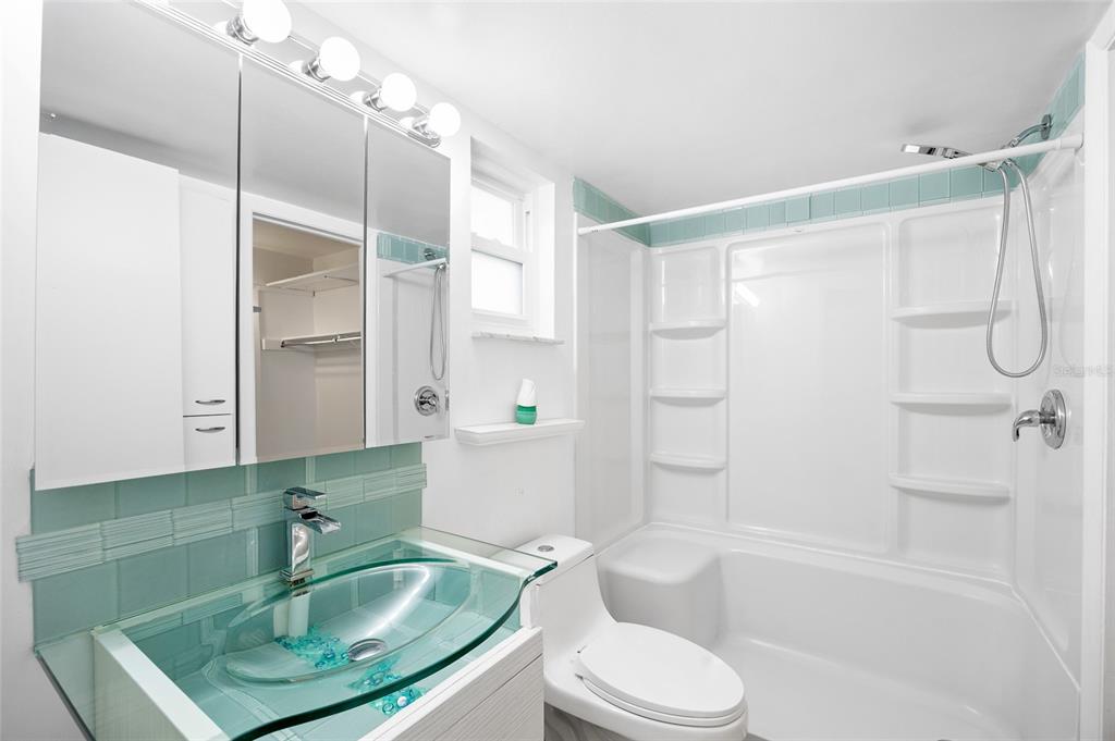 9950 47th Avenue North, Unit 104 St. Petersburg, FL 33708 - Photo 9 of 37 a bathroom with a sink a toilet a mirror and shower