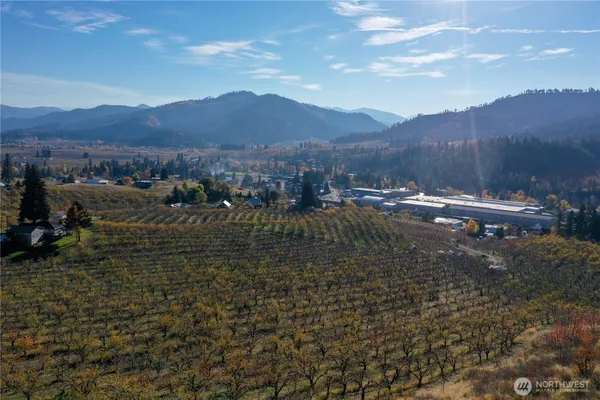a view of a town with mountains in the background