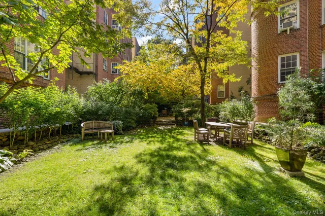 a backyard of a house with table and chairs