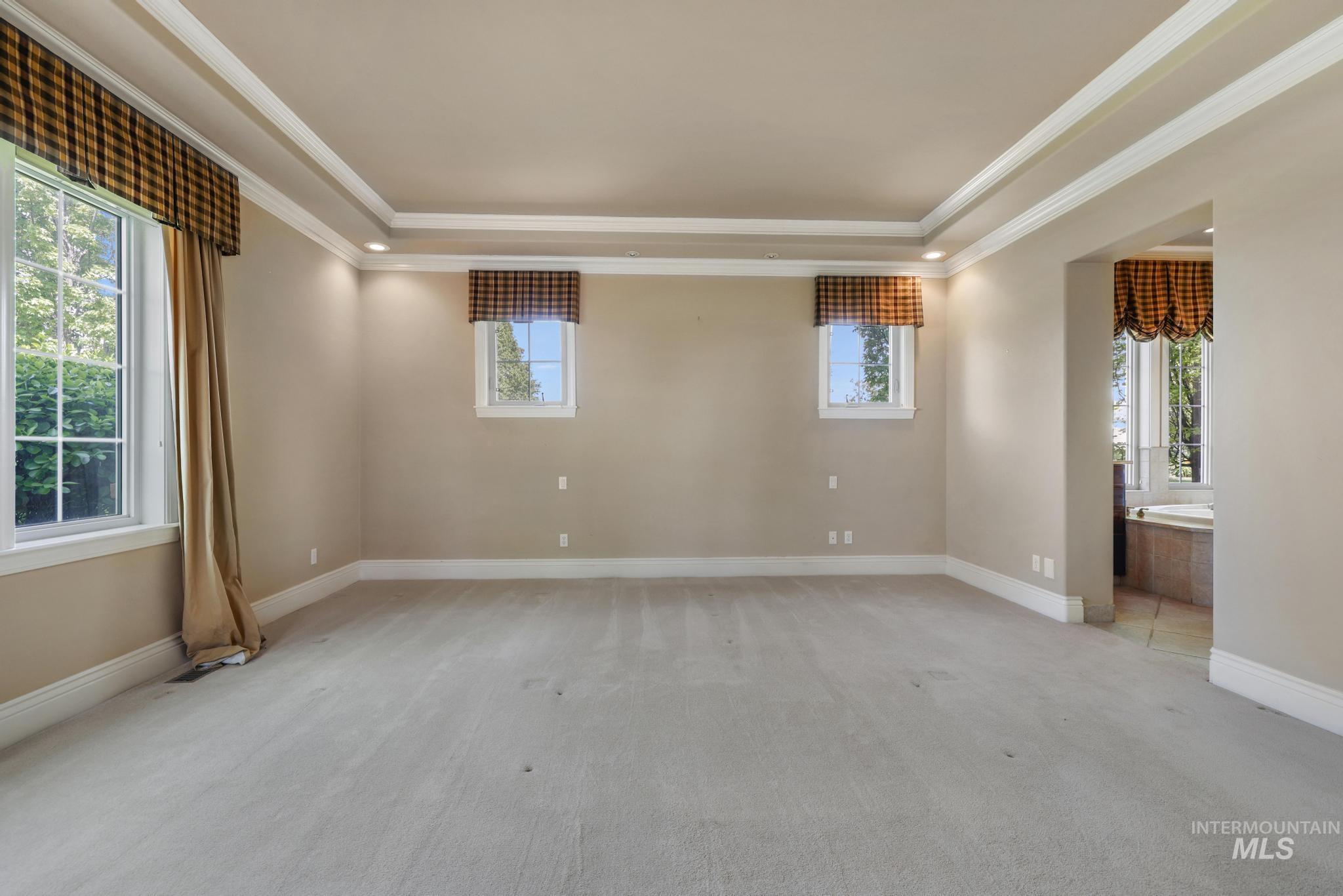 1526 Highway 26 Gooding, ID 83330 - Photo 6 of 48 Unfurnished room with light colored carpet, ornamental molding, and a raised ceiling