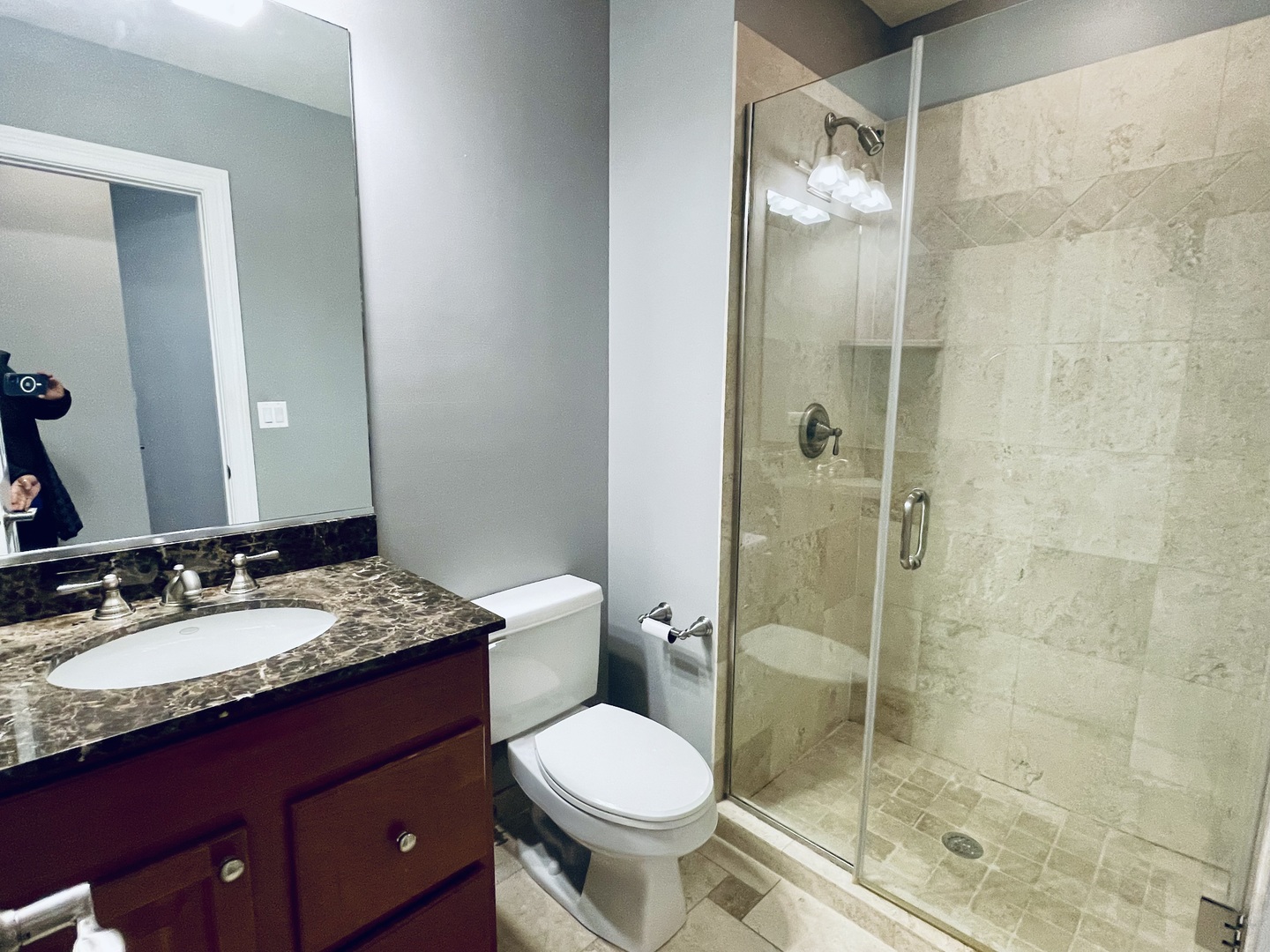 1053 West Cornelia Avenue, Unit 2 Chicago, IL 60657 - Photo 13 of 14 a bathroom with a granite countertop toilet sink shower and mirror