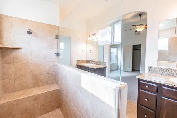 a large bathroom with a granite countertop tub a sink and a large mirror