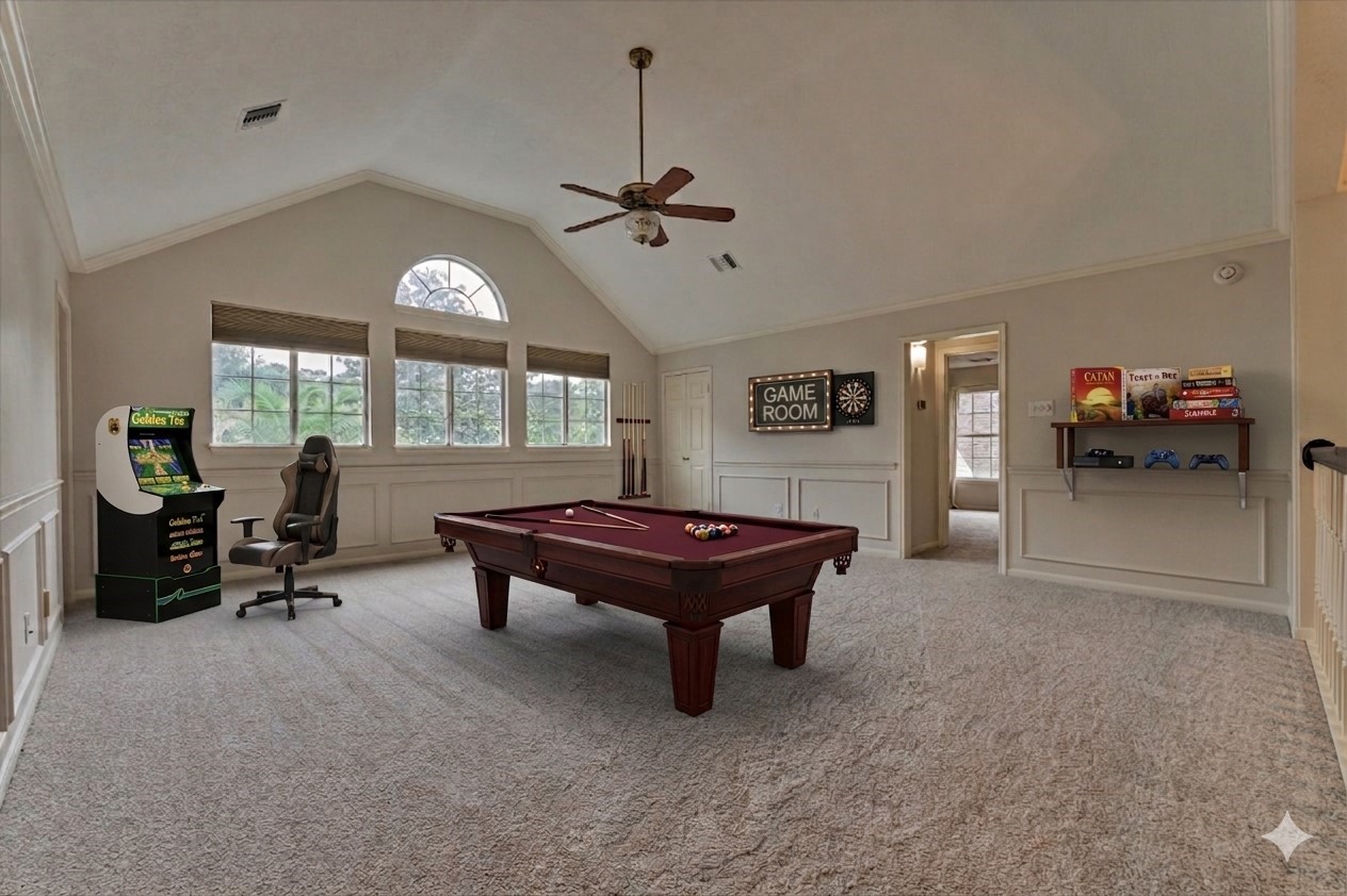 16707 Avenfield Road Tomball, TX 77377 - Photo 25 of 50 a living room with furniture a chandelier and a large window