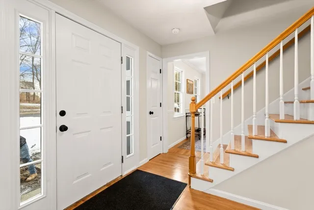 a view of an entryway with wooden floor and door