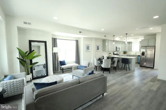 a living room with furniture and a potted plant