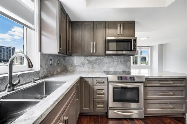 a kitchen with a sink stove and microwave