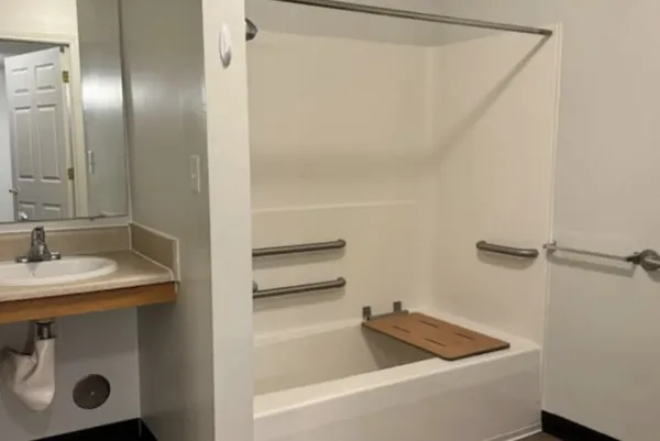 a bathroom with a sink and a mirror