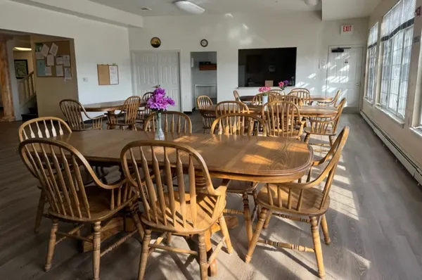 a view of a dining room with furniture