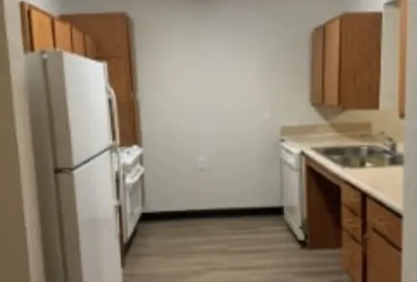 a kitchen with a sink and a refrigerator