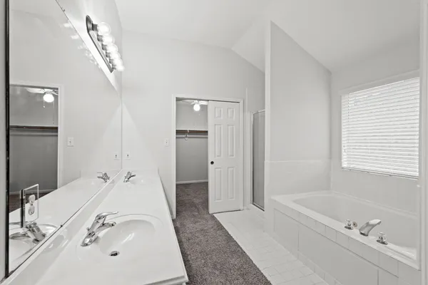 a bathroom with a tub sink and mirror