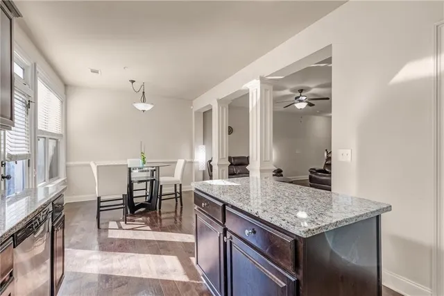 a view of a dining room with furniture