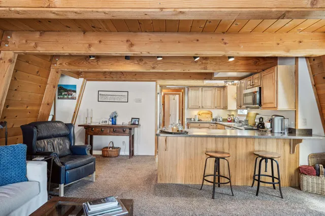 a living room with furniture and a kitchen