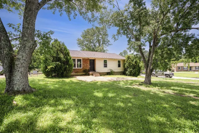 a front view of a house with yard and green space