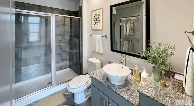 a view of a dining room with furniture