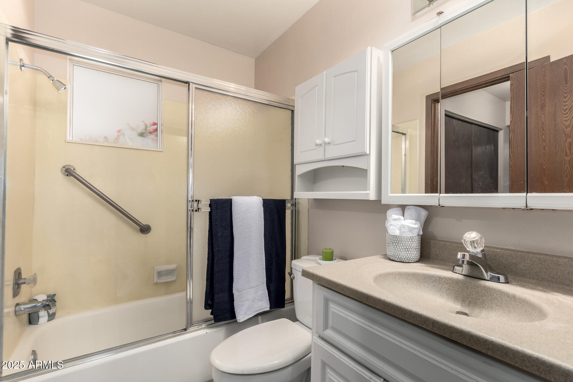 131 North Higley Road, Unit 1 Mesa, AZ 85205 - Photo 20 of 32 a bathroom with a granite countertop sink toilet and shower