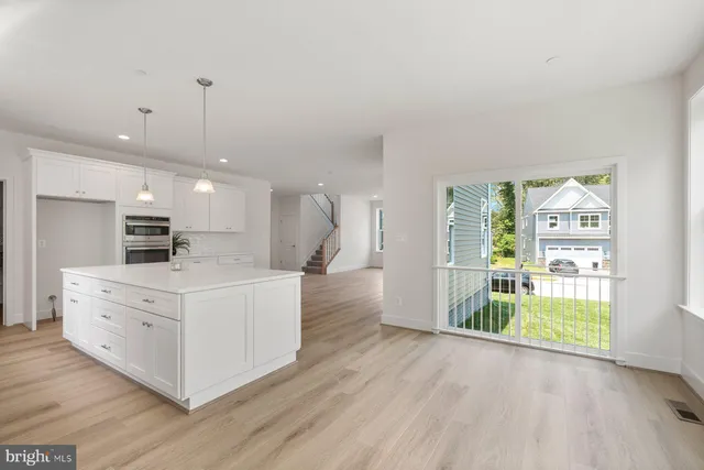 a kitchen with a refrigerator and a plant