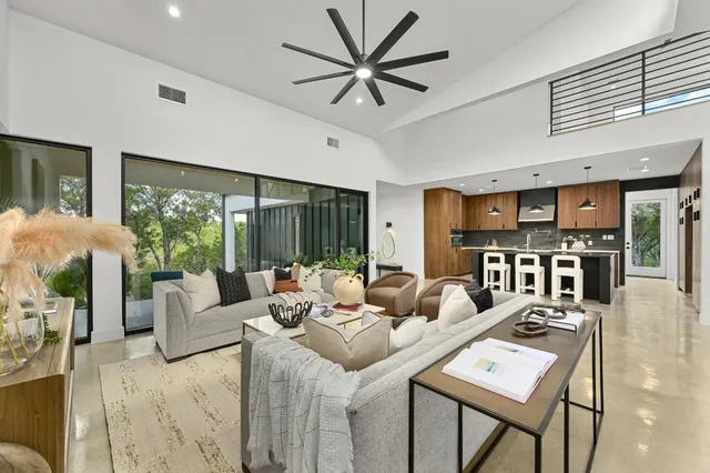 a living room with furniture potted plant and a large window