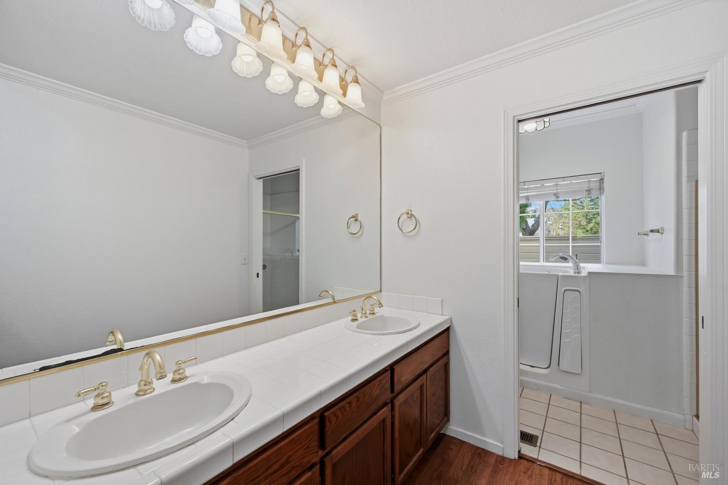 1005 Woodlake Drive Santa Rosa, CA 95405 - Photo 14 of 28 a bathroom with a double vanity sink and a mirror