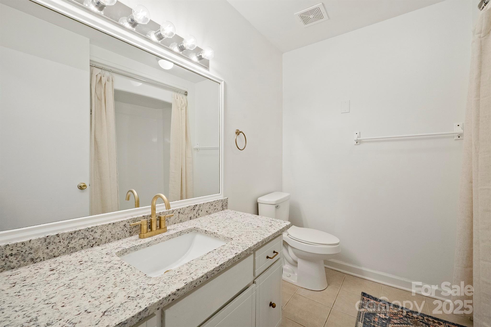 303 Windy Rush Road Kannapolis, NC 28081 - Photo 20 of 30 a bathroom with a granite countertop sink a toilet and a mirror