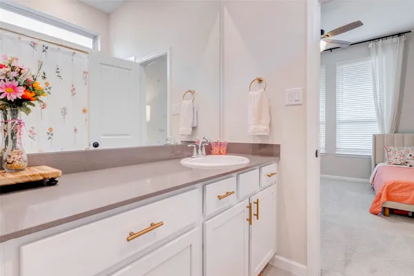 a bathroom with a sink double vanity and a mirror