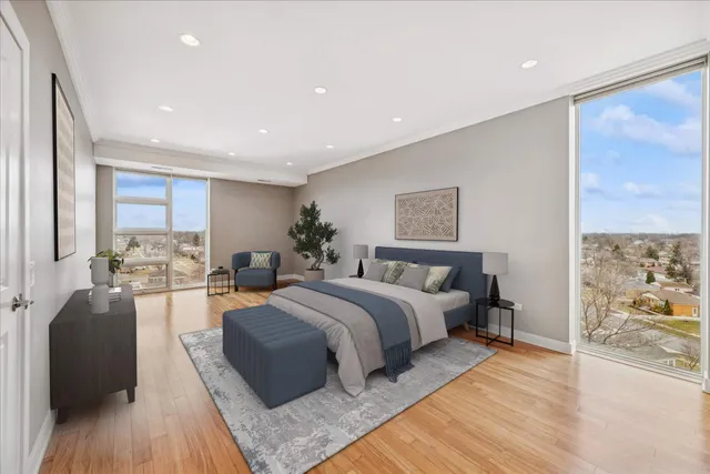 a spacious bedroom with a large bed and a couch