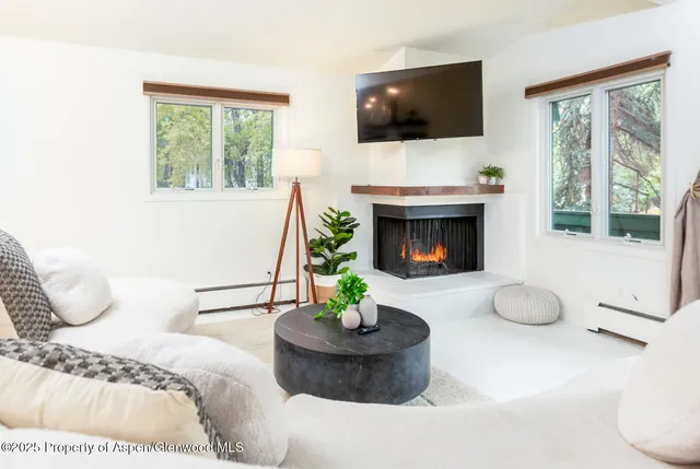a living room with furniture a window and a fireplace
