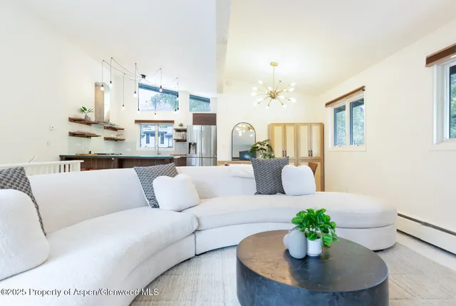 a living room with furniture flowerpot and a chandelier