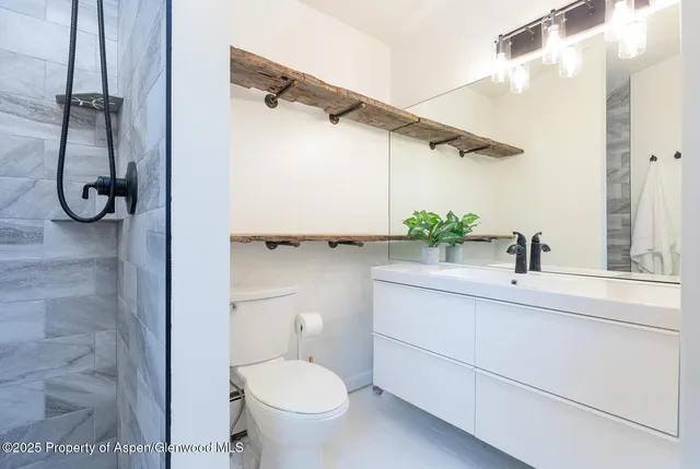 a bathroom with a shower sink and toilet