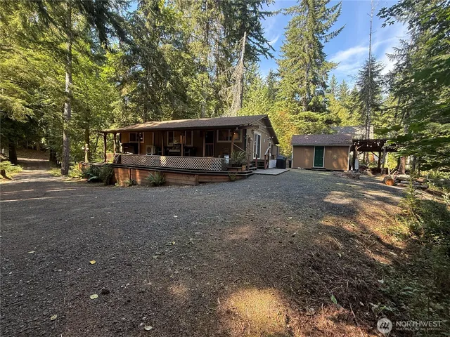 a view of a patio with table and chairs barbeque potted plants and large tree