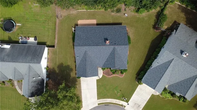 an aerial view of a swimming pool