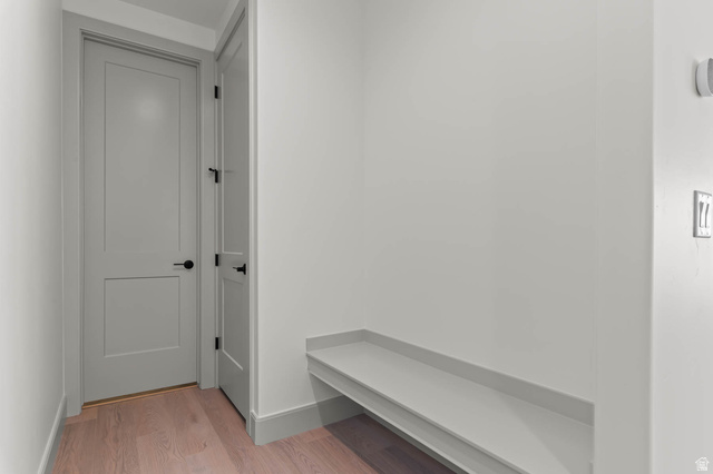 562 West Coyote Rdg Road Grantsville, UT 84029 - Photo 17 of 27 Entryway featuring two panel doors with matte black hardware, light wood-finish flooring, a built-in bench, and light gray wall paint