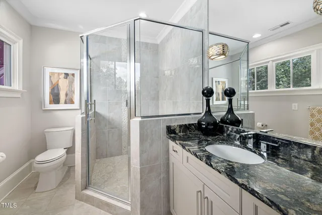 a bathroom with a granite countertop toilet a sink a mirror and a shower