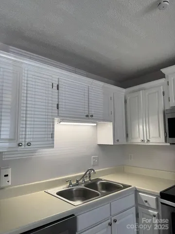 a kitchen that has a sink and cabinets