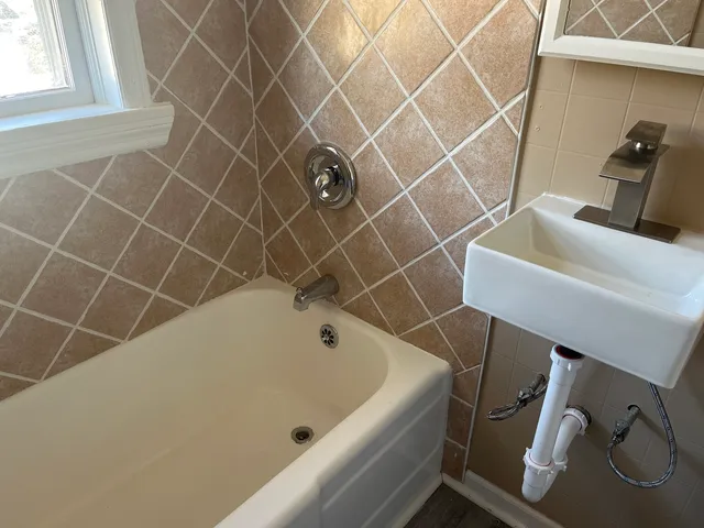 a bathroom with a sink and a shower