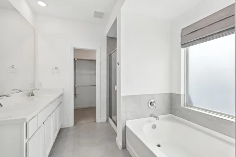 a bathroom with a tub sink and mirror