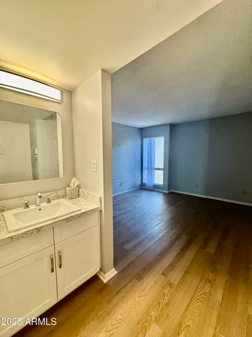 a bathroom with a sink and a mirror