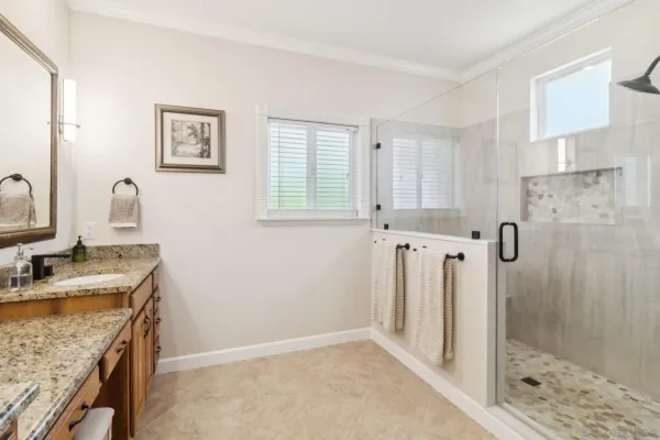 a bathroom with a granite countertop sink a shower and a mirror