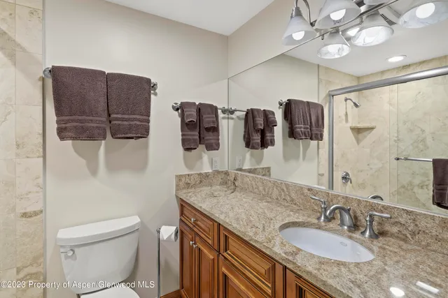 a bathroom with a granite countertop sink a toilet a mirror and shower