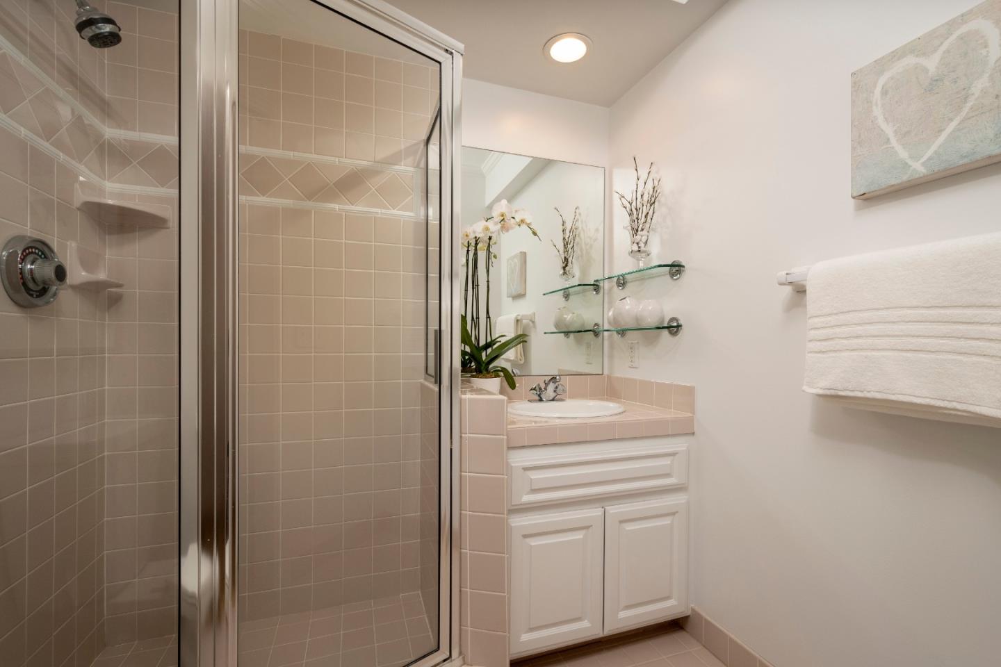 775 Bowhill Road Hillsborough, CA 94010 - Photo 18 of 28 a bathroom with a sink a mirror and shower