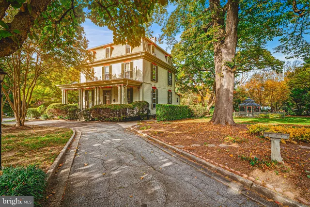 a view of a yard in front of a house with large trees