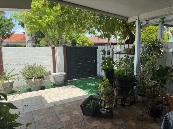 a view of a backyard with plants and a garden