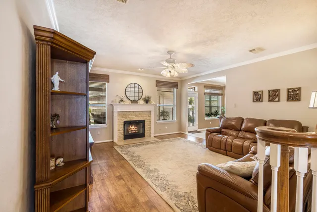 a living room with furniture and a fireplace
